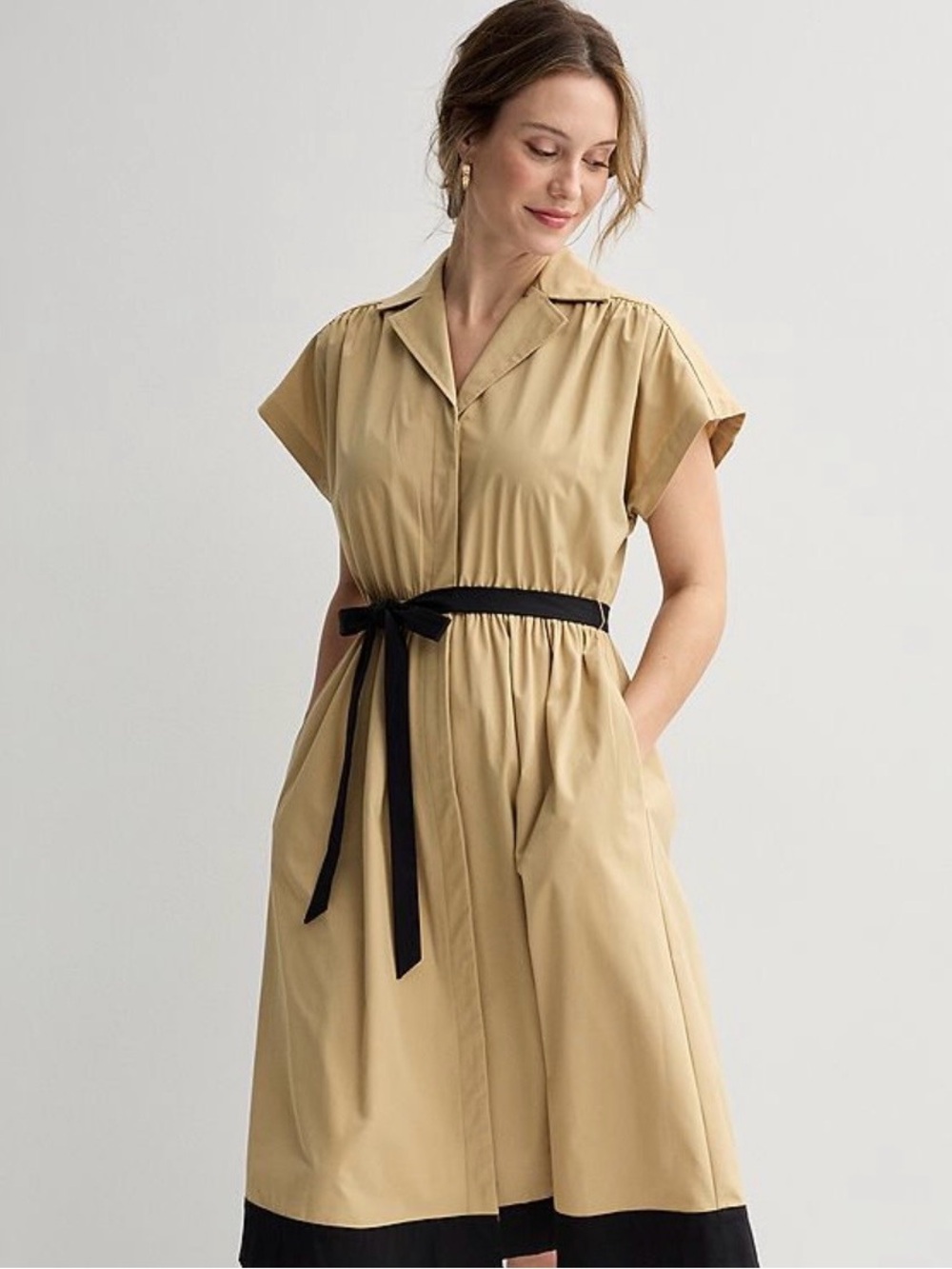 Sandra Darren Beige Midi Shirt Dress with Black Waist Tie and Hem